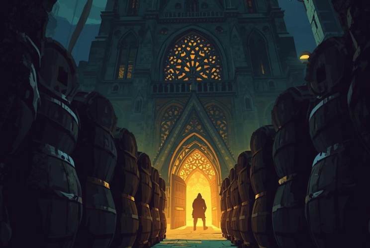 illustratie van vaten bier achter een kathedraal