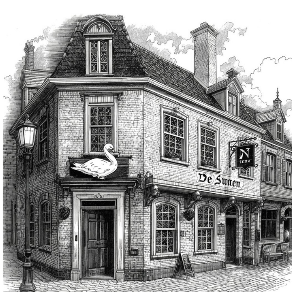 Fictieve illustratie van een herberg De Swaen
