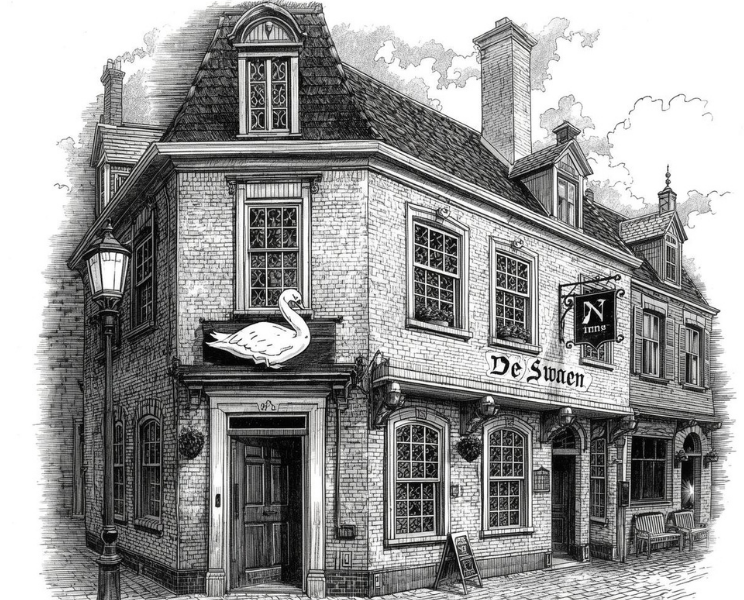 Fictieve illustratie van een herberg De Swaen